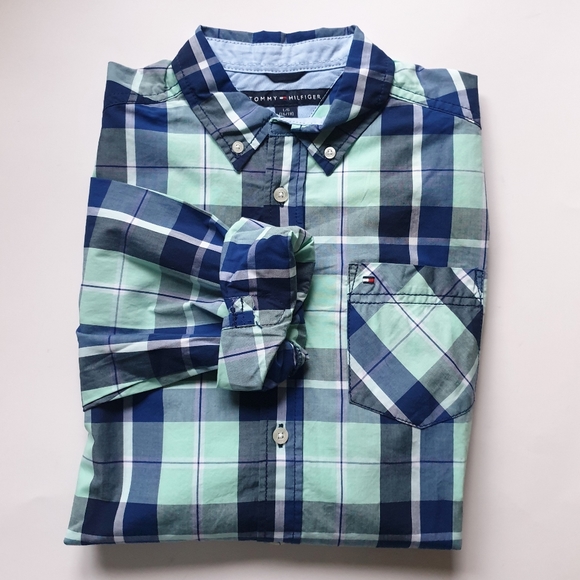Tommy Hilfiger Mint Green & Navy Plaid Button-Up 100% Cotton Polo Big Boy Lg - Picture 10 of 10